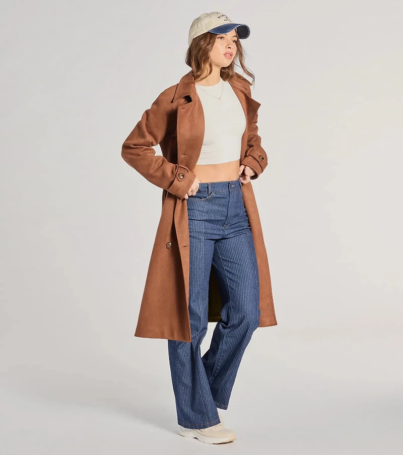 City Style Belted Faux Suede Trench Coat