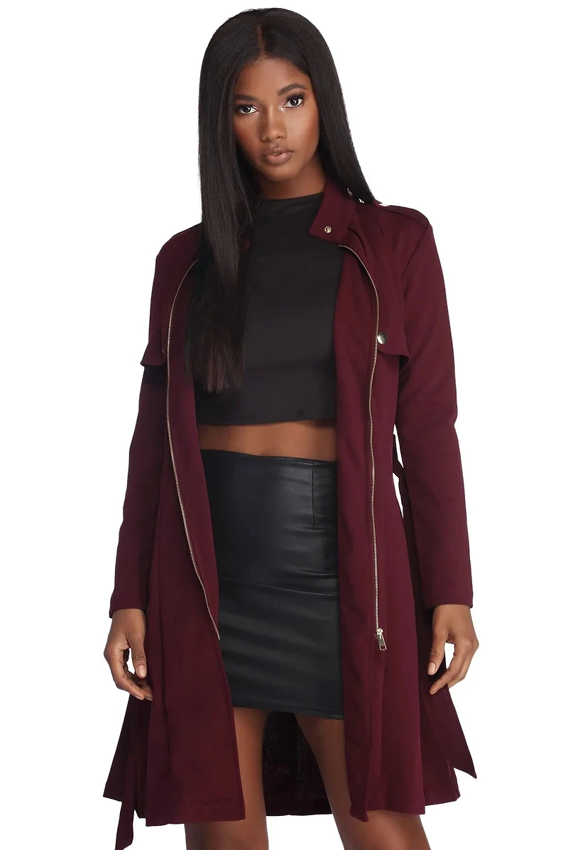 Zip Front Button Detail Trench Coat