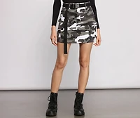 Belted Cargo Camo Print Mini Skirt
