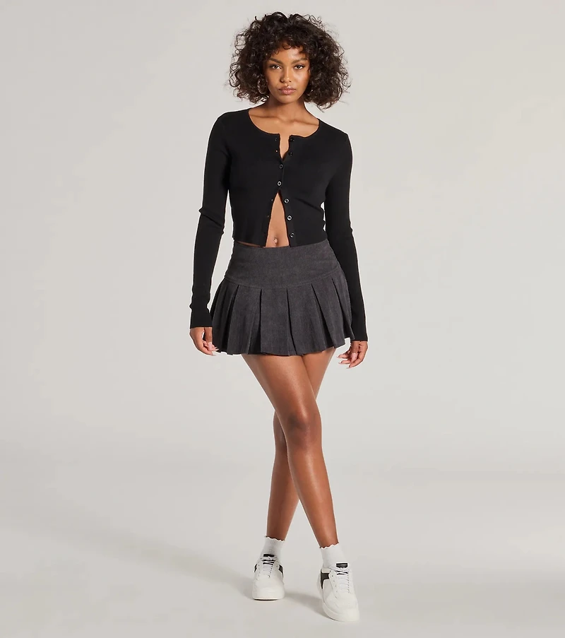 Preppy Chic Drop Waist Pleated Corduroy Mini Skirt