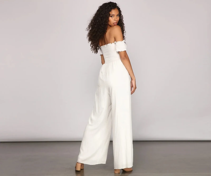 Vacay Bound Off The Shoulder Smocked Jumpsuit