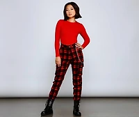 High Waist Plaid Joggers With Chain