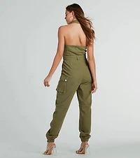 On The Hit List Halter Cargo Jogger Denim Jumpsuit