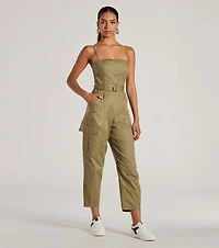 Social Outing Sleeveless Belted Cargo Crop Jumpsuit