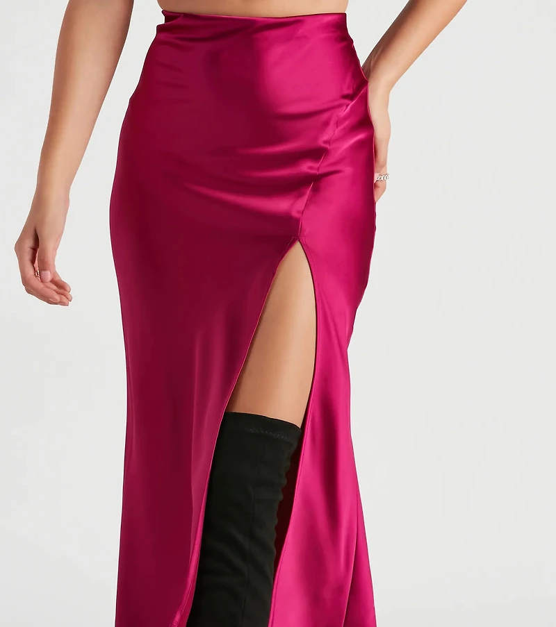 Scene Stealer High Slit Satin Midi Skirt