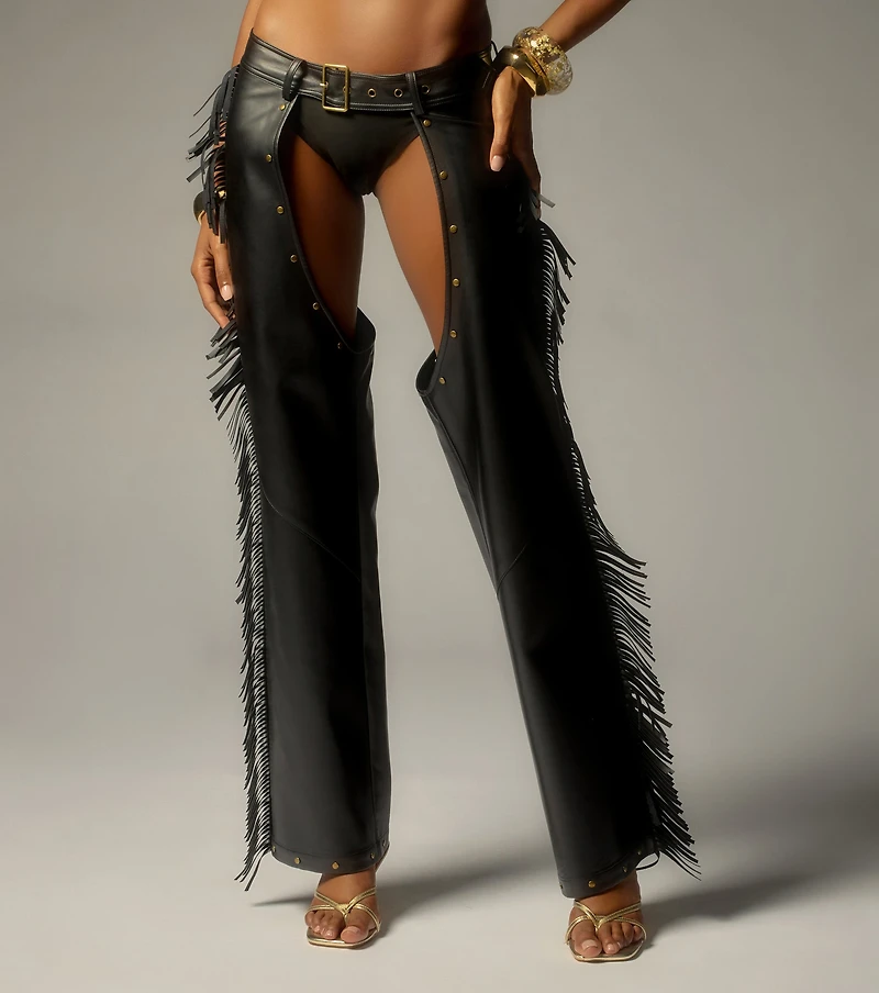 Outlaw Mood Faux Leather Fringe Chaps
