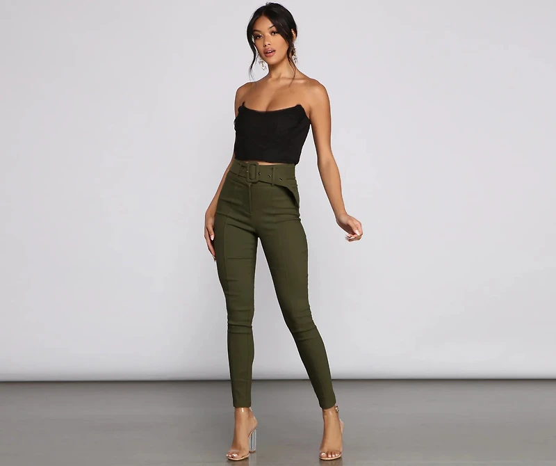 High Waist Belted Skinny Pants