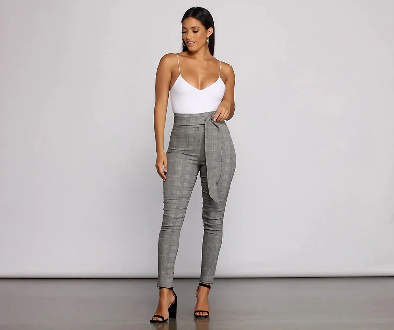 Poised Plaid Tie Waist Skinny Pants
