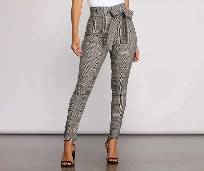 Poised Plaid Tie Waist Skinny Pants