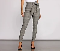 Poised Plaid Tie Waist Skinny Pants