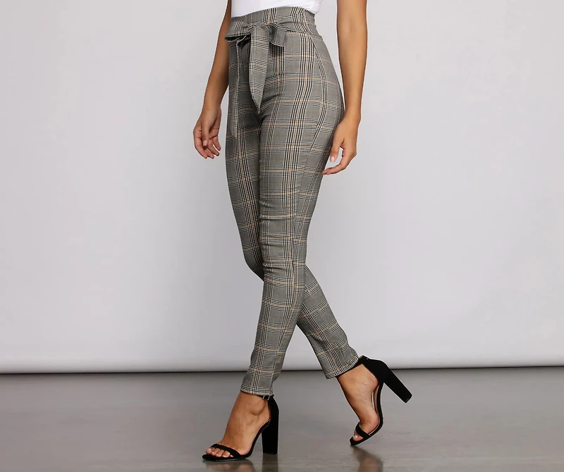 Poised Plaid Tie Waist Skinny Pants