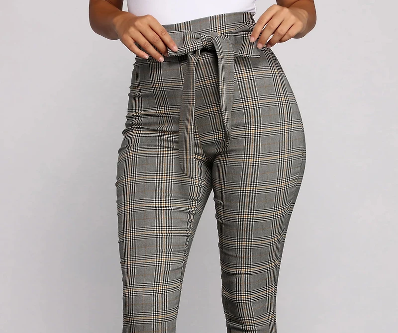 Poised Plaid Tie Waist Skinny Pants
