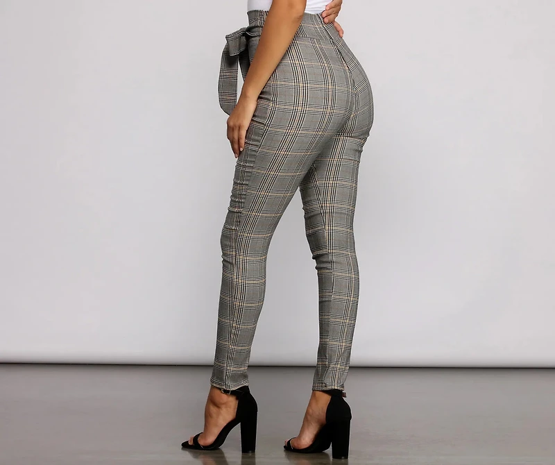 Poised Plaid Tie Waist Skinny Pants