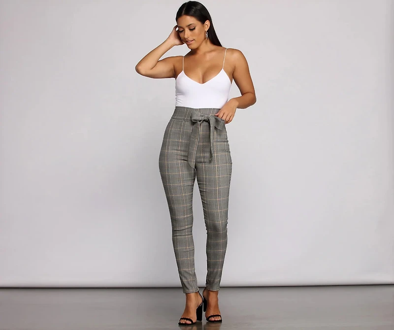Poised Plaid Tie Waist Skinny Pants