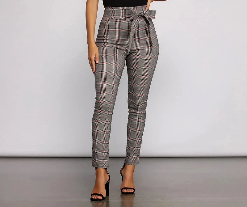 Poised Plaid Tie Waist Skinny Pants