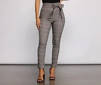 Poised Plaid Tie Waist Skinny Pants