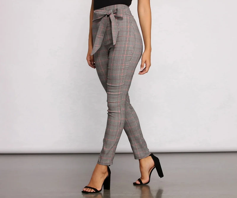 Poised Plaid Tie Waist Skinny Pants