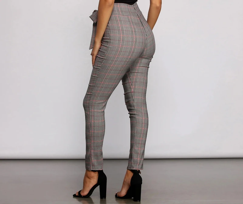 Poised Plaid Tie Waist Skinny Pants