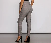 Poised Plaid Tie Waist Skinny Pants