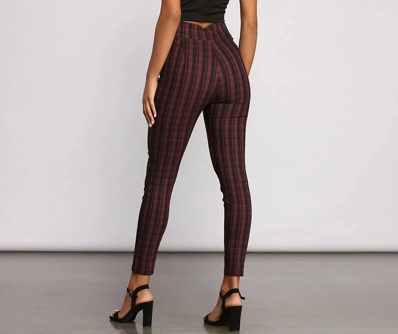 High Waist Snap Front Plaid Skinny Pants