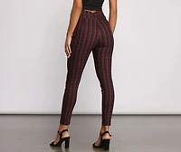 High Waist Snap Front Plaid Skinny Pants