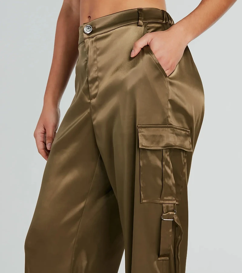 Sleek Sensation Satin High-Rise Cargo Joggers
