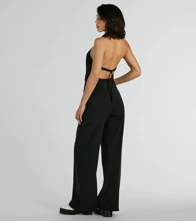 Trendsetting Babe Collared Zip-Front Cargo Jumpsuit