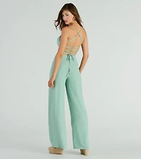 Effortless Allure Lace-Up Woven Wide-Leg Jumpsuit