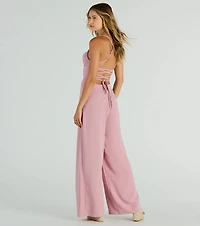 Effortless Allure Lace-Up Woven Wide-Leg Jumpsuit