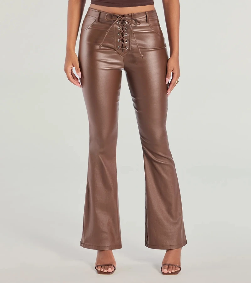 Ready For Sleek Lace-Up Flare Faux Leather Pants