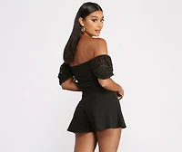 Polka Dot Puff Sleeve Sweetheart Neck Crepe Romper
