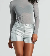 Turn Up Cargo Metallic Faux Leather Shorts