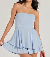 Charmed Strapless Ruffled Woven Skater Romper