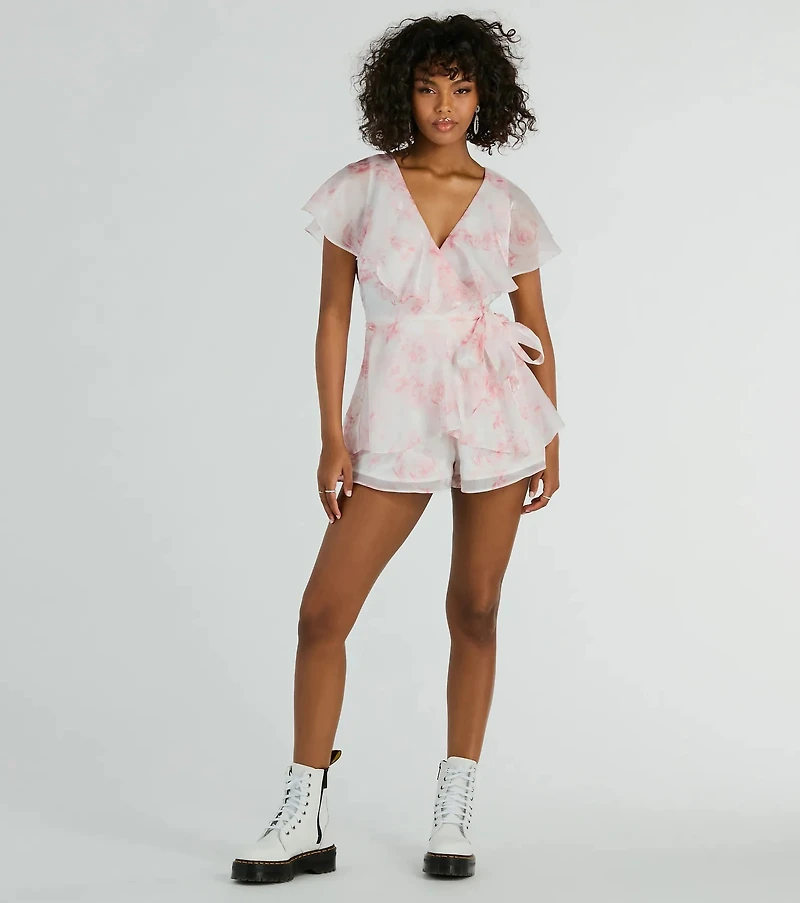 Dreamy Escape Ruffled Rose Floral Organza Romper