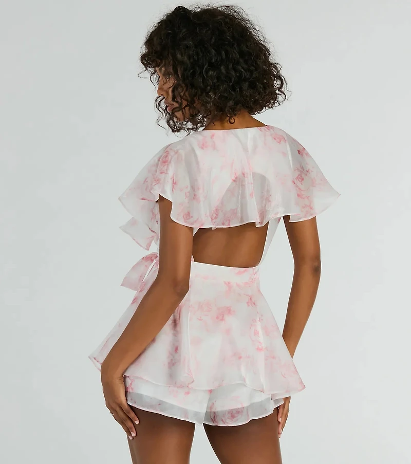 Dreamy Escape Ruffled Rose Floral Organza Romper