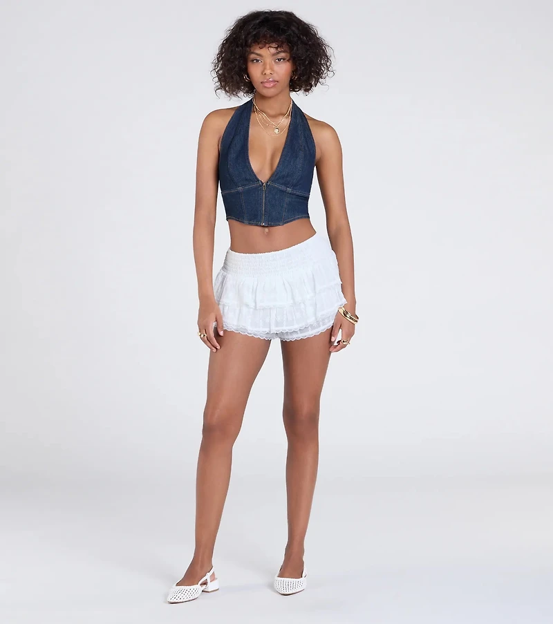 For The Frills Mid-Rise Eyelet Ruffle Shorts