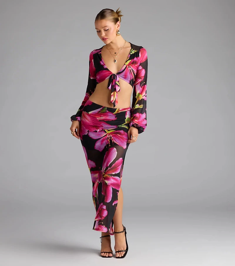 Vacay Queen Tropical Floral Mesh Maxi Skirt