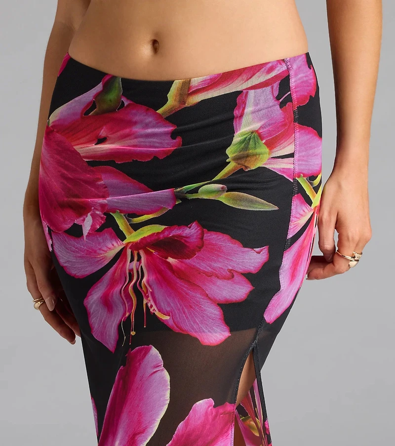 Vacay Queen Tropical Floral Mesh Maxi Skirt