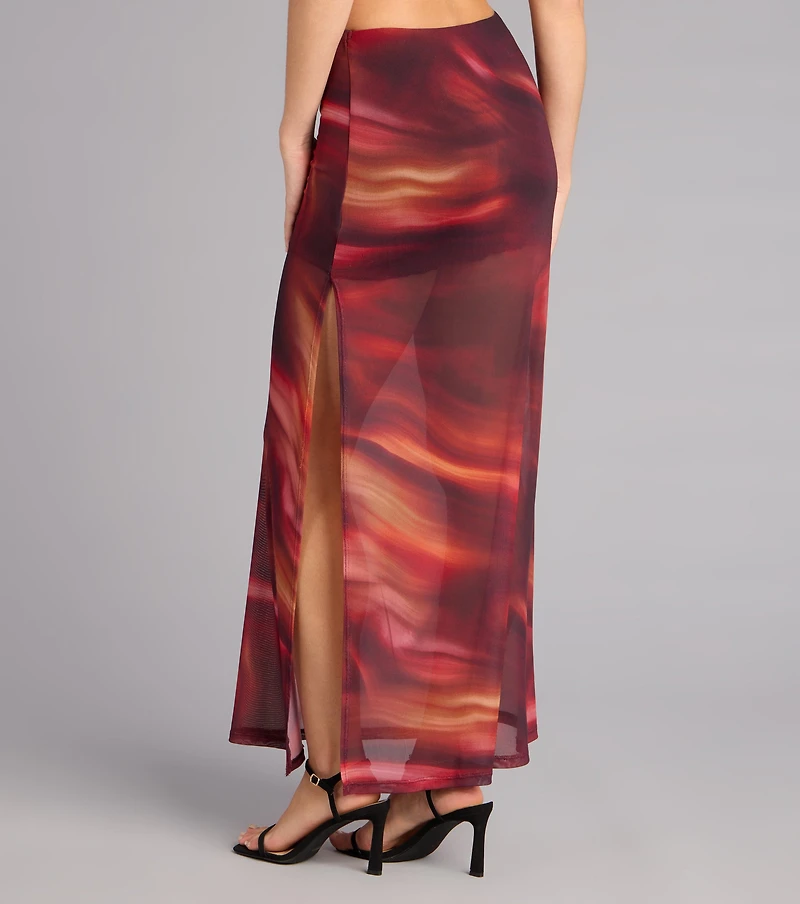Sunset Glow Abstract Print Mesh Maxi Skirt