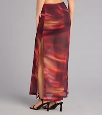 Sunset Glow Abstract Print Mesh Maxi Skirt