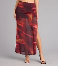 Sunset Glow Abstract Print Mesh Maxi Skirt