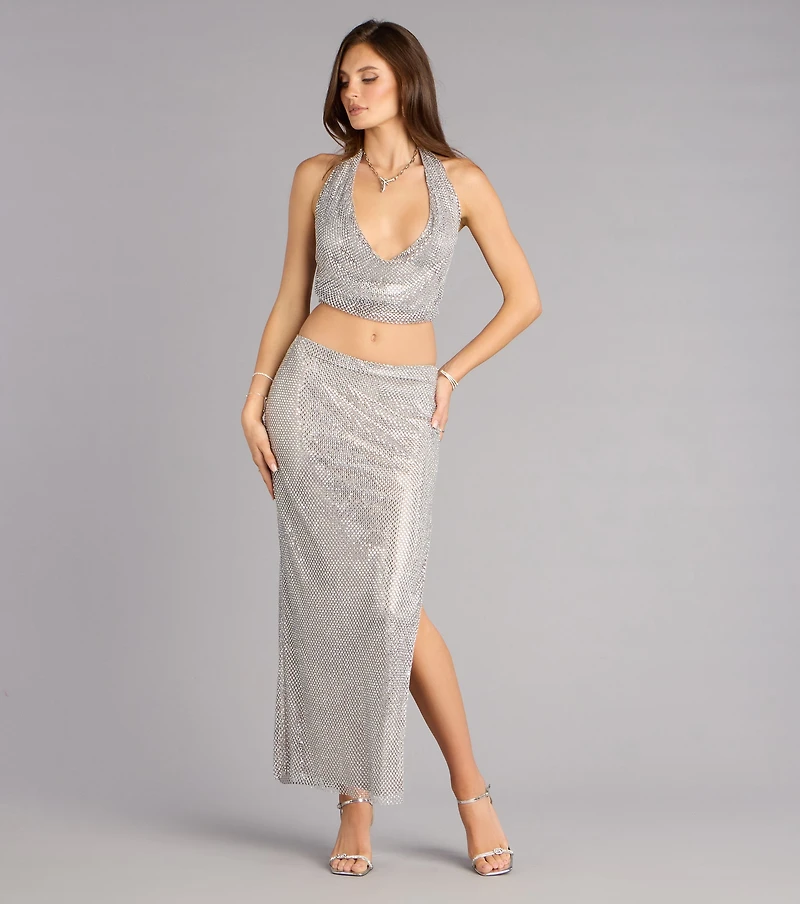 Cue The Sparkle Rhinestone Fishnet Maxi Skirt