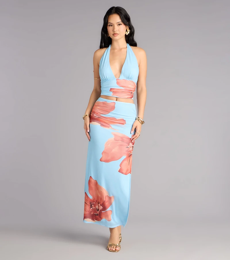 Vacay Bloom Floral Mesh Maxi Skirt