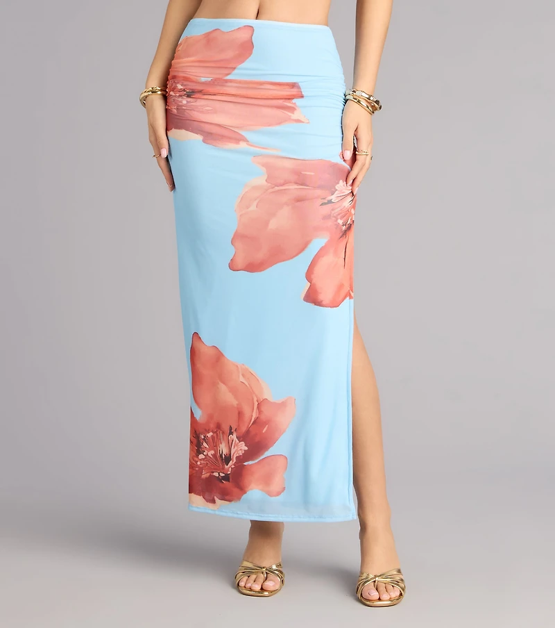 Vacay Bloom Floral Mesh Maxi Skirt