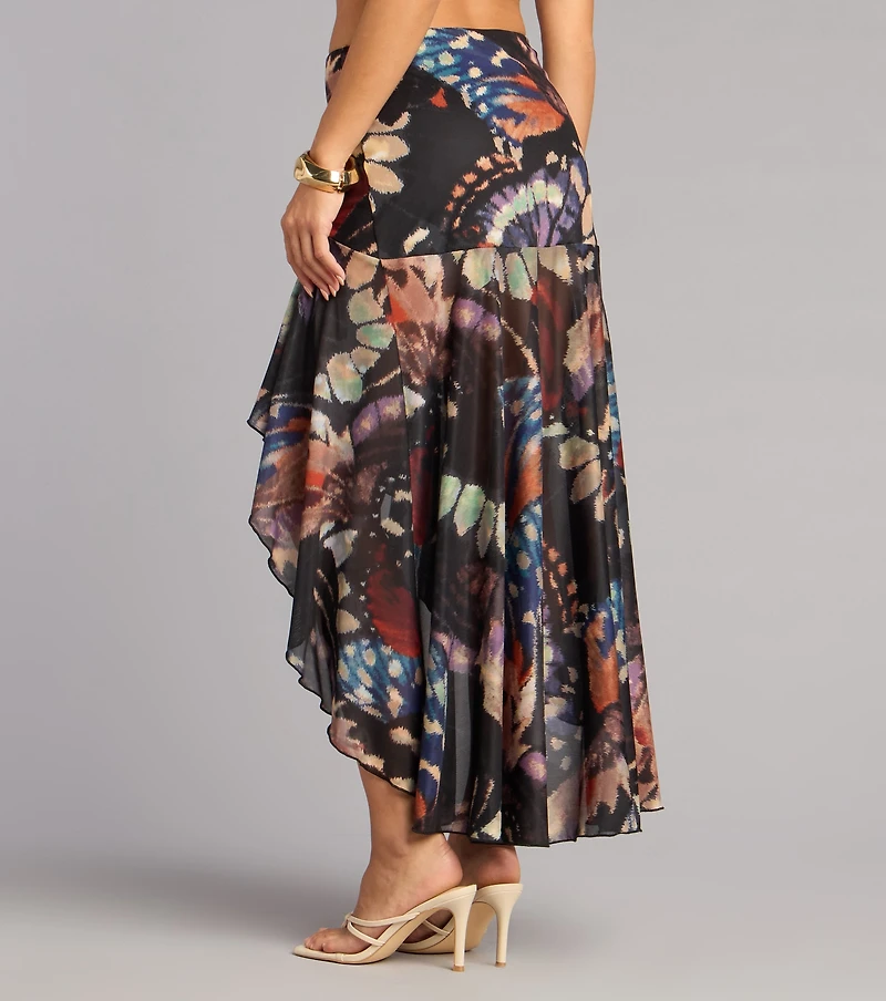 Flirty Vibe Butterfly Print Mesh Maxi Skirt