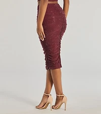 Bright Vibes Ruched Rhinestone Midi Skirt