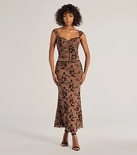 Romantic Aura Flocked Floral Mesh Maxi Skirt