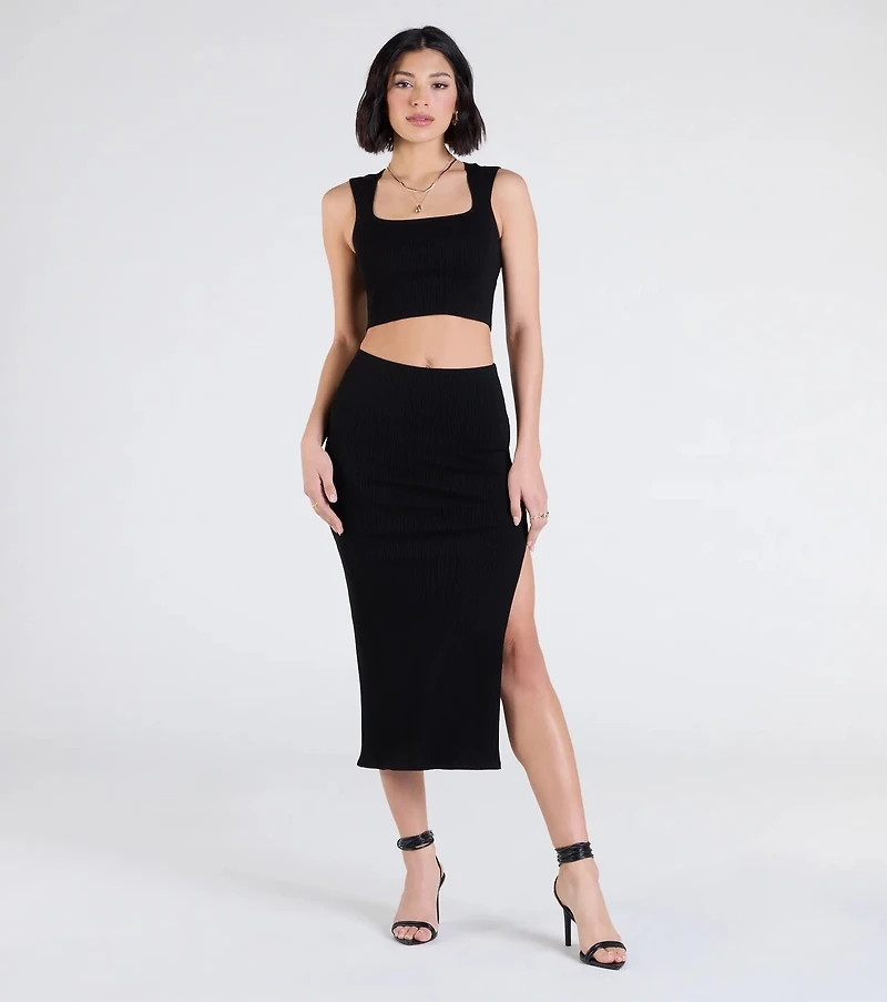 Elevated Era Ribbed Knit High Slit Midi Skirt