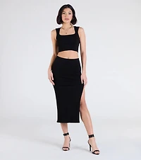 Elevated Era Ribbed Knit High Slit Midi Skirt