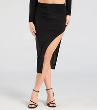 Bold Staple Ruched Asymmetrical Midi Skirt
